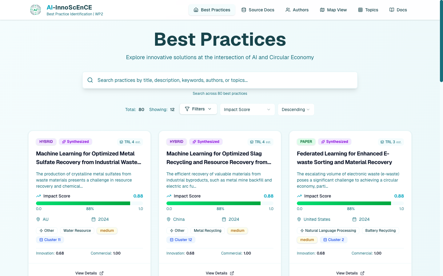 The Best Practices browser showing searchable cards with impact scores and TRL levels