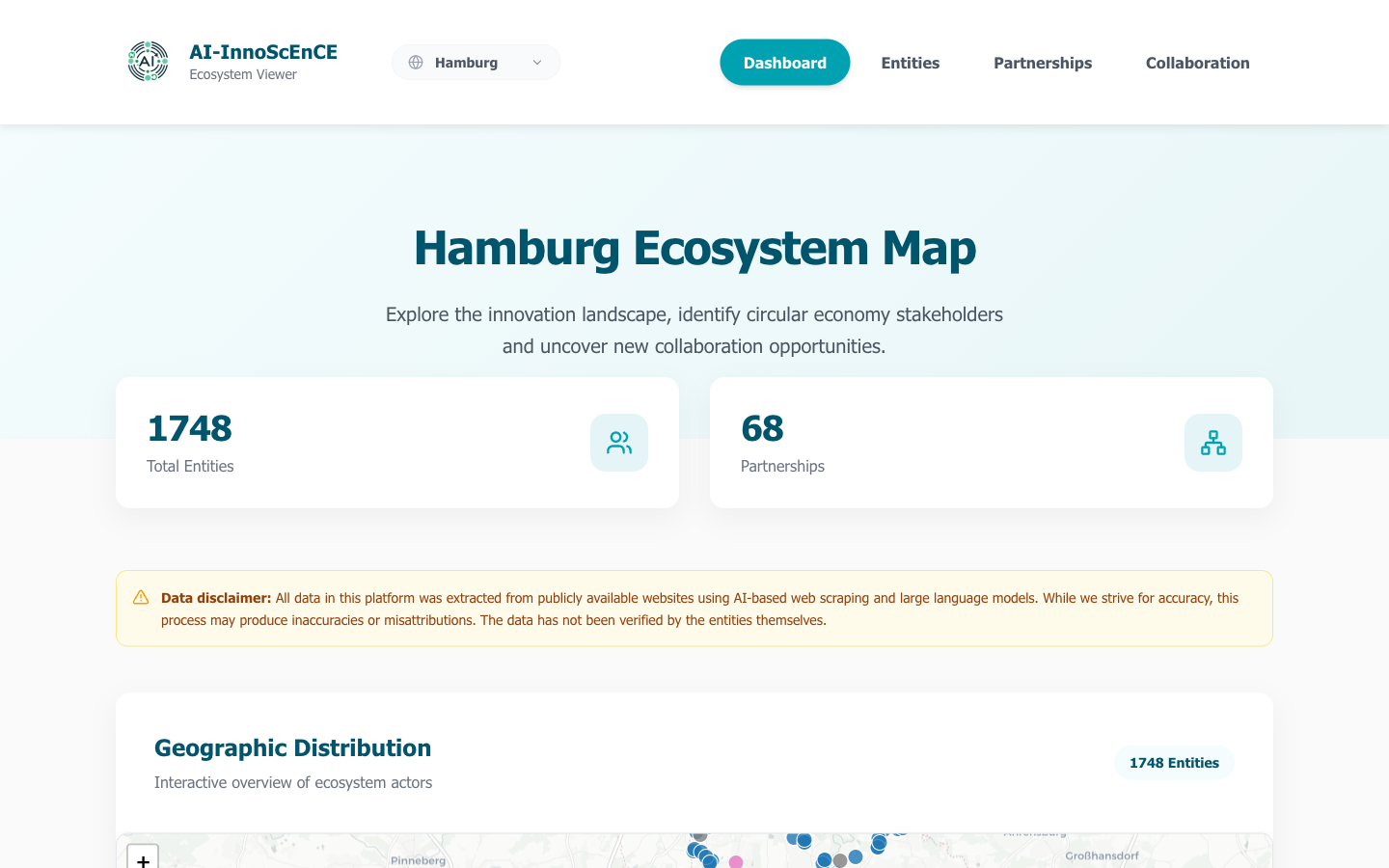 The Hamburg Ecosystem Map dashboard with entity counts and a geographic map