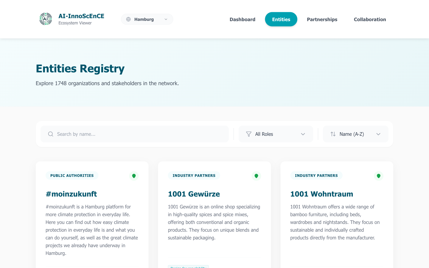 The Entities Registry listing organizations with role tags and descriptions